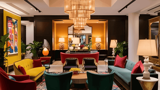 Stylish boutique hotel lobby with colorful seating, plants, and modern decor enhancing comfort and livability.