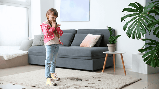 Young girl looking worried at a dirty rug in a stylish living room, highlighting the need for kid-proof furniture.
