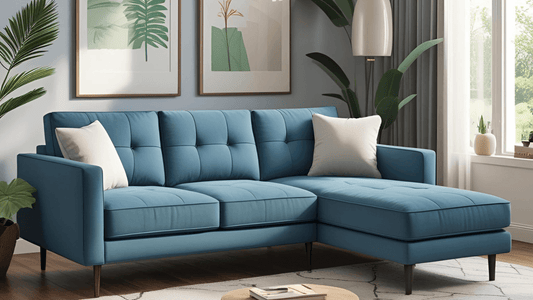 Modern blue sectional sofa for small spaces, featuring tufted design and stylish cushions in a cozy living room.