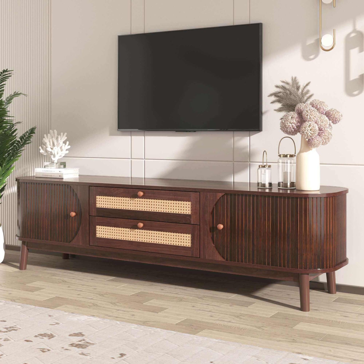 MCM Styled TV Stand Entertainment Center Solid Wood & MDF, Brown 67" - Revel Sofa