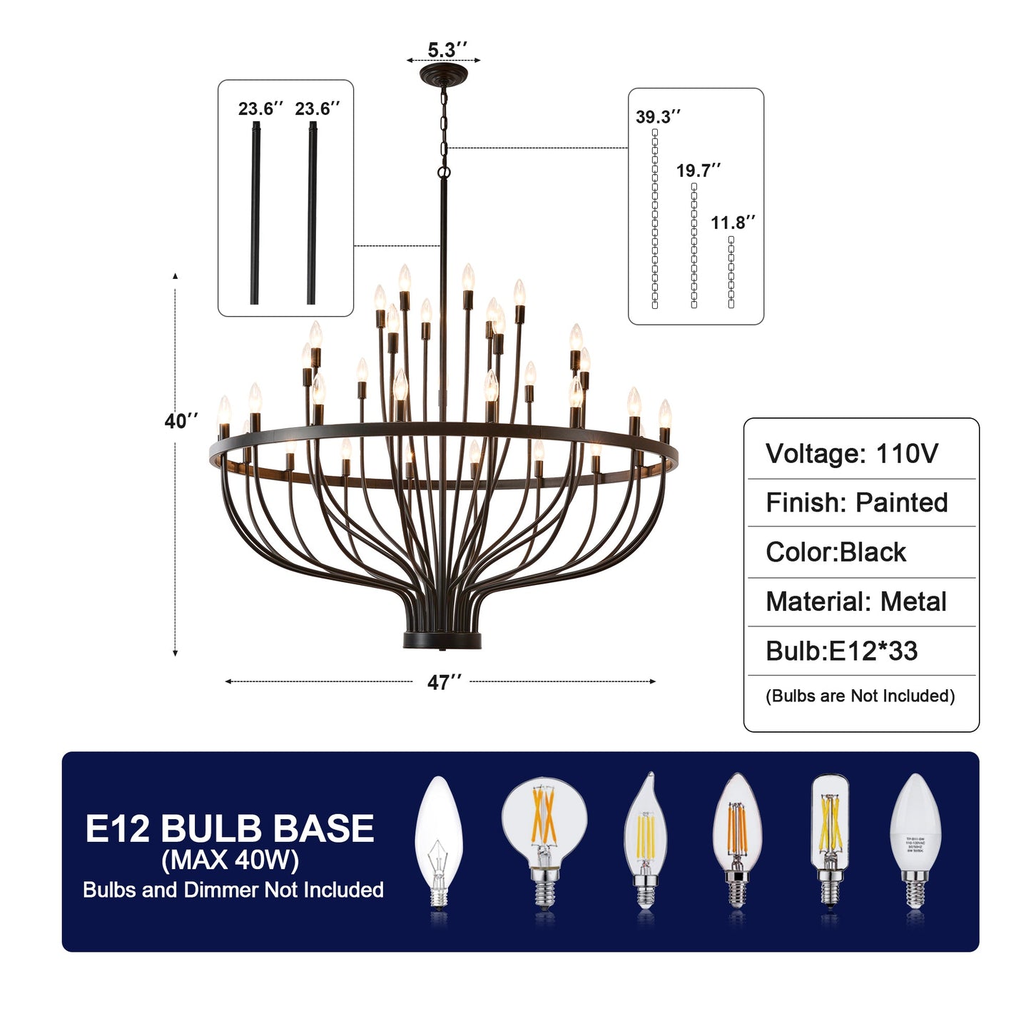 Daxton Black Iron 33-Light Chandelier 47 inch