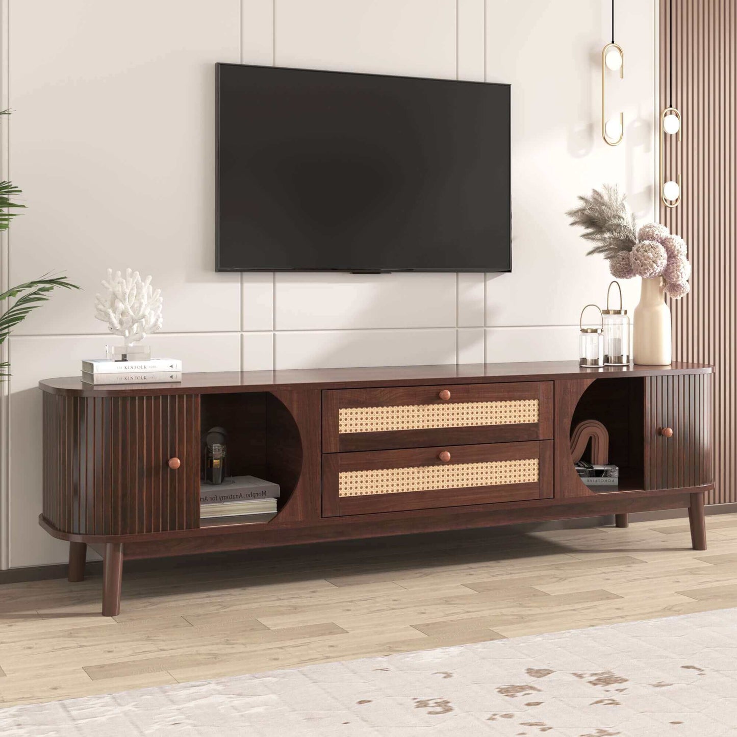 MCM Styled TV Stand Entertainment Center Solid Wood & MDF, Brown 67" - Revel Sofa