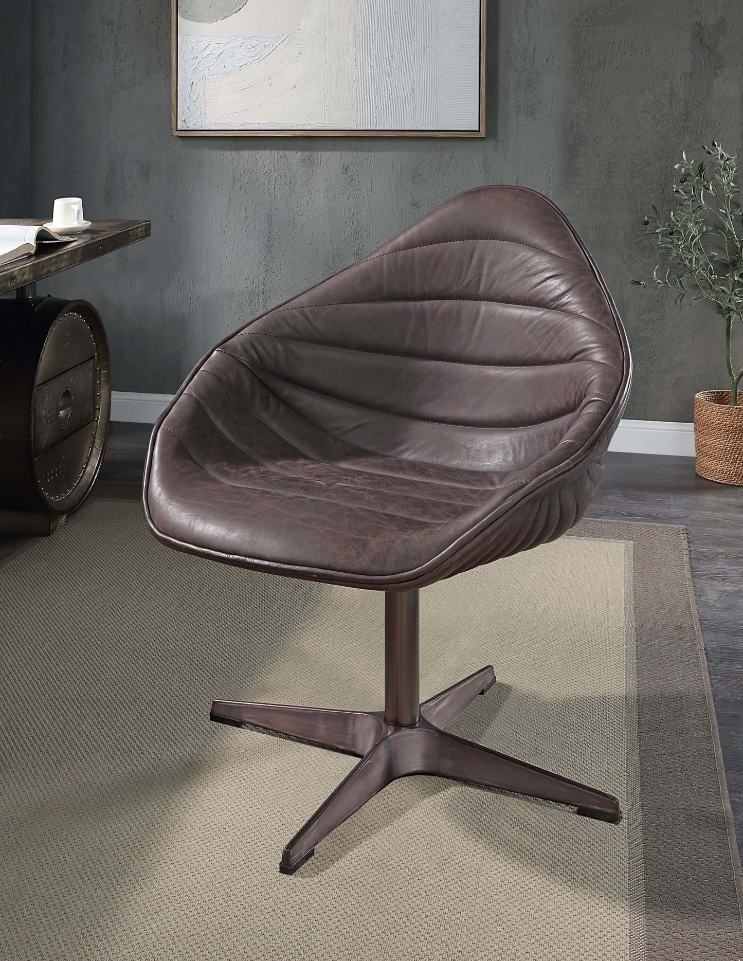 Pipino Top-Grain Ebony Leather Swivel Accent Chair