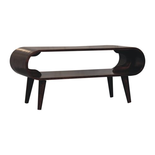 The Artisan Furniture Amaya Mango Wood Coffee Table 35 features modern Nordic design with solid mango wood, rounded edges, open shelf, angled legs, and a dark-stained finish for a sleek, contemporary look. Available in 2 colors.