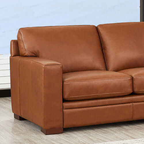 Dillon MCM Leather L-Shaped Corner Sofa Sectional with brown leather upholstery and modern design.