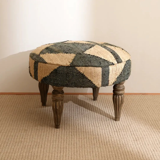 Woven Geometric Pattern Accent Stool 24x16" Jute Fabric