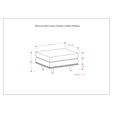 Diagram of a Simpli-Home Morrison MCM Genuine Leather Ottoman 33 with dimensions: 29 wide, 23 deep, and 18 high. Features four legs and a cushioned top for comfort and style.
