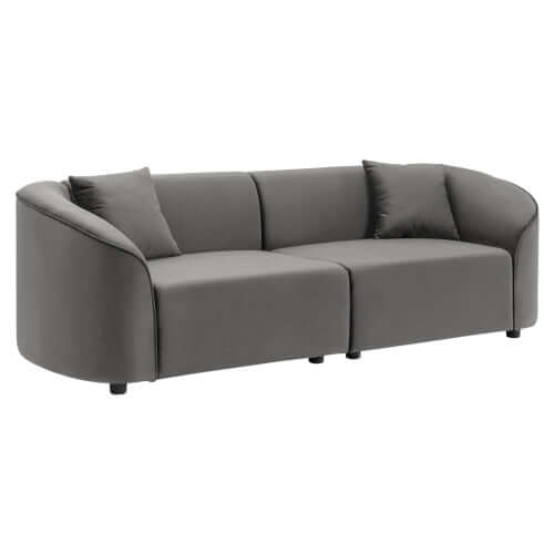 Contemporary sloped arm boucle upholstered sofa in gray with plush cushions, perfect for modern living rooms.