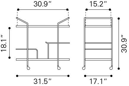 Black and white diagram of ZUO Modern Antalya Swanky Two Tier Bar Cart, front and side views. Dimensions: height 30.9, width 31.5 (front), depth 17.1 (side). Acacia wood top shelf: width 30.9, depth 15.2.