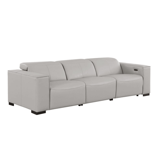 110" Top Grain Leather Power Reclining Sofa with USB Ports (3 Colors) in light gray color, showcasing modern luxury and comfort.