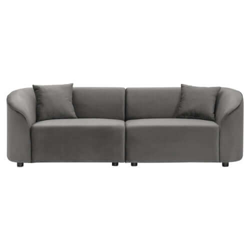 Contemporary sloped arm boucle upholstered sofa in gray with plush cushions, perfect for modern living spaces.