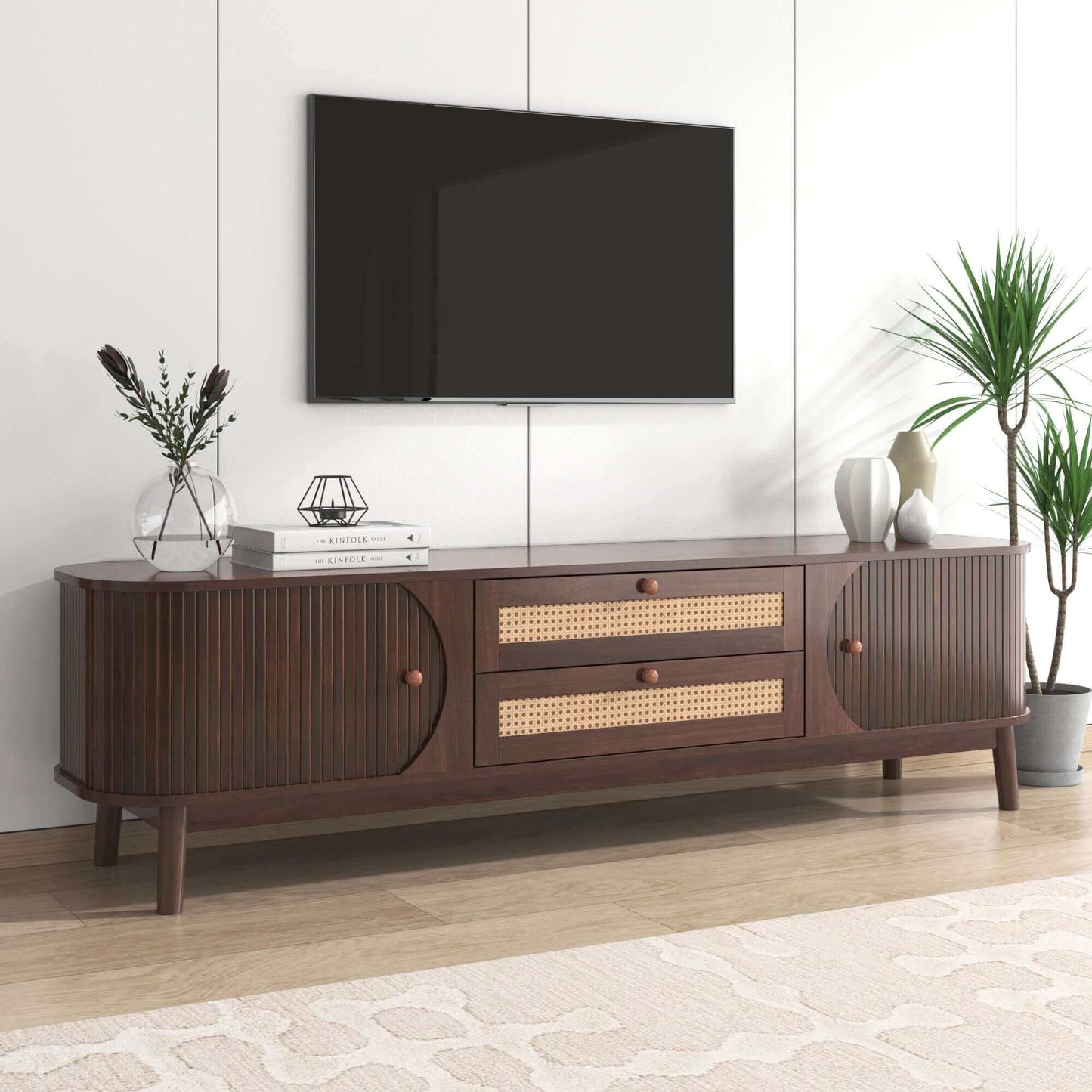 MCM Styled TV Stand Entertainment Center Solid Wood & MDF, Brown 67" - Revel Sofa