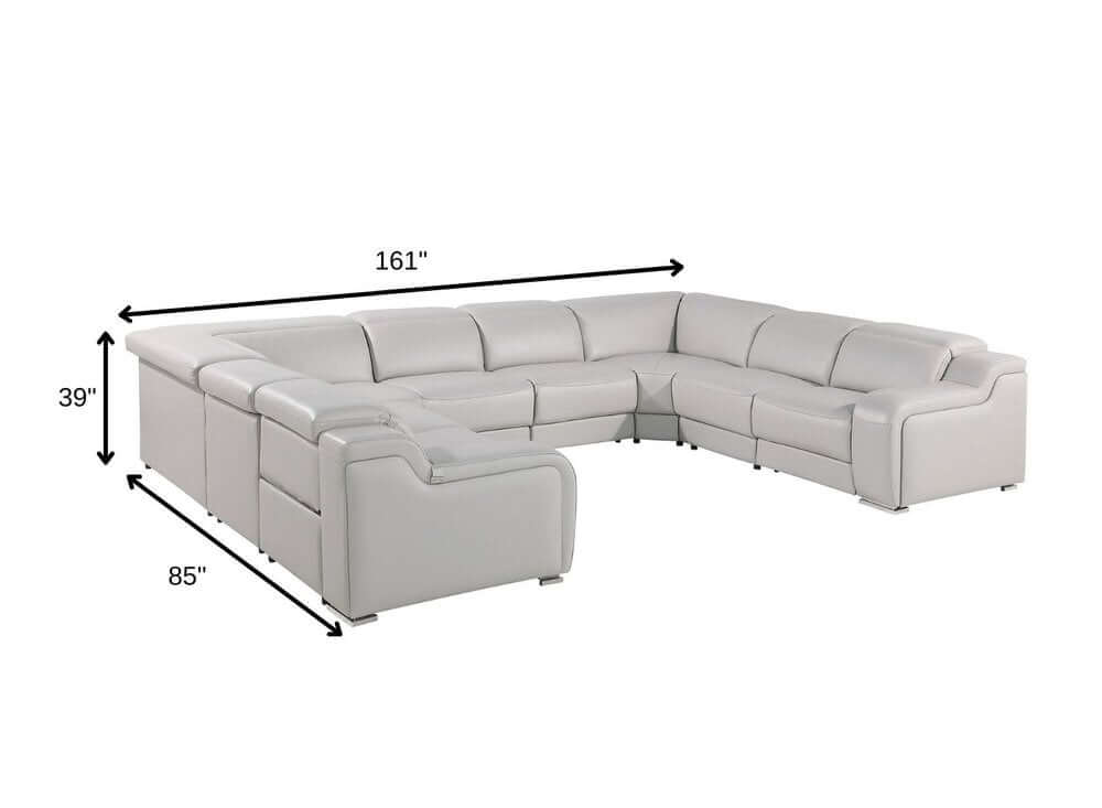 Light Gray Italian Leather Power Reclining U Shaped Eight Piece Corner Sectional With Console dimensions image