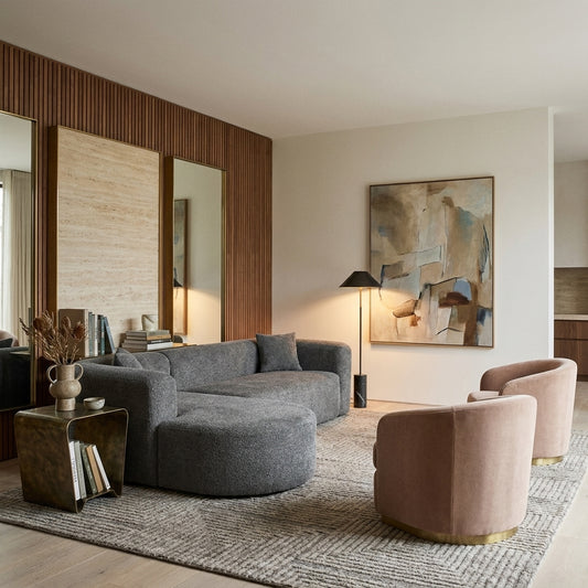 Fenn Gray Chenille Curved Modular Sofa styled in a contemporary living room