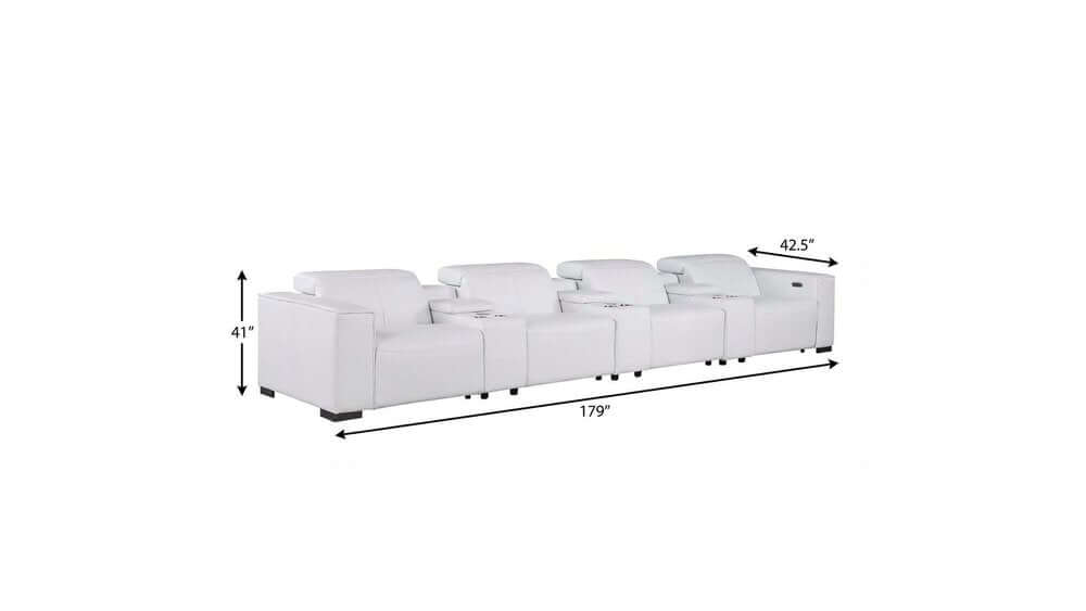 179" White Top Grain Leather Power Reclining Sofa with USB | Modern Modular Couch dimensions and side view.