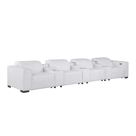 179" White Top Grain Leather Power Reclining Sofa with USB | Modern Modular Couch in a luxurious white finish.