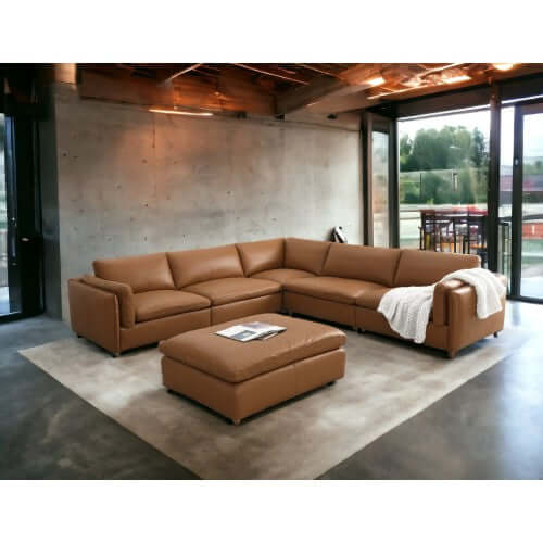 Brighton Leather 5 Piece Modular Corner Sofa Sectional in rich brown leather, enhancing modern living room decor.