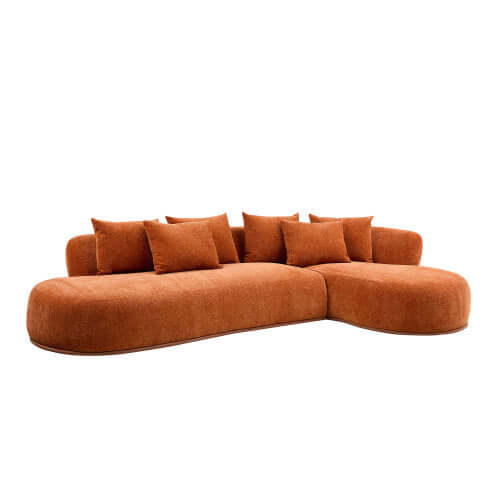 Orange rounded L-shaped chaise sofa sectional with plush pillows and a modern design, perfect for lounging and entertaining.
