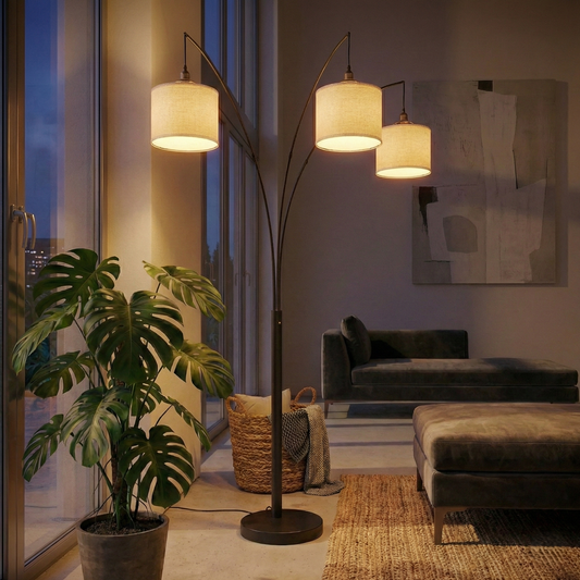 Royal Oil-Rubbed Bronze 3-Arm Arc Floor Lamp – 82" Metal Lamp with Linen Shade