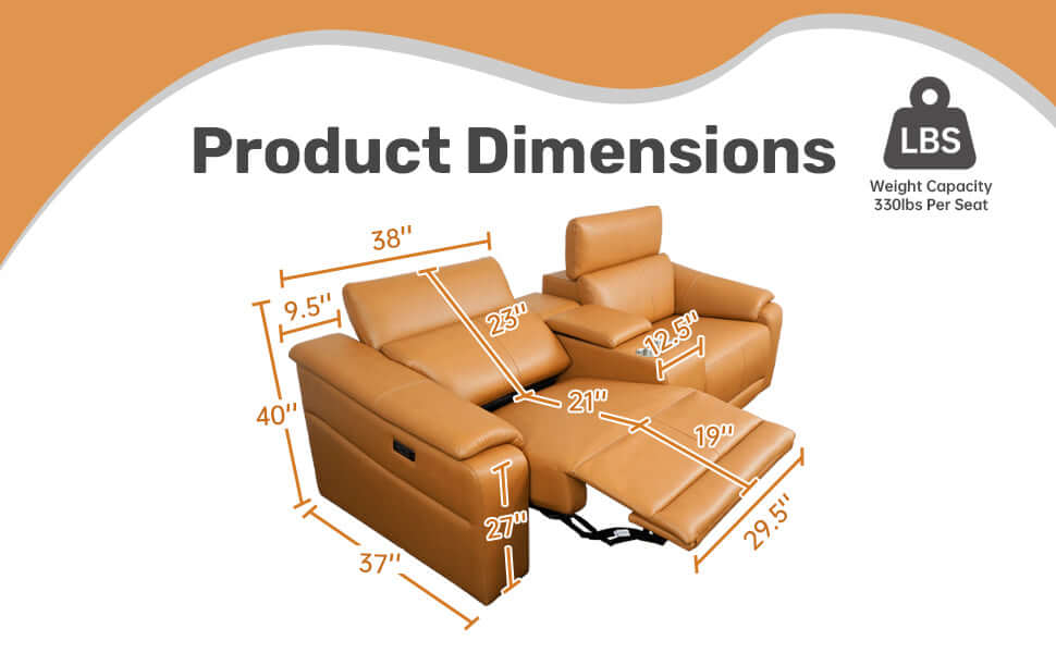 Product dimensions of the 2-seat modular leather recliner sofa with cup holders, showcasing detailed measurements.