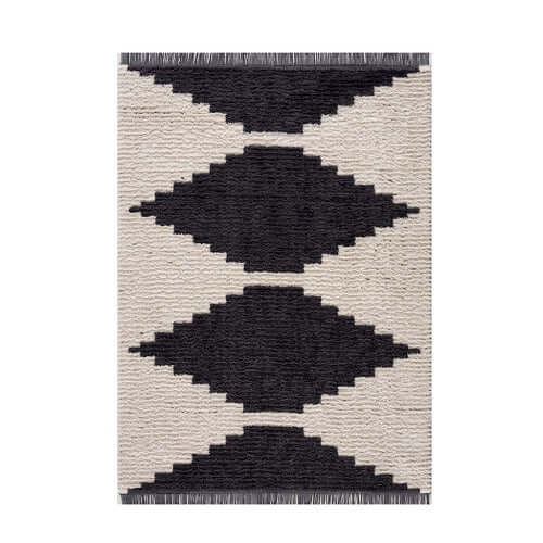 Black and ivory area rug with modern diamond design, perfect for contemporary home decor, 6' x 9' size.