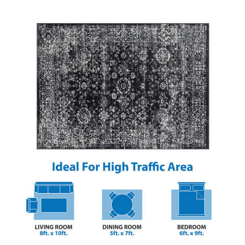 Distressed vintage Persian styled woven area rug 8x10ft, perfect for high traffic areas in living rooms, dining rooms, and bedrooms.