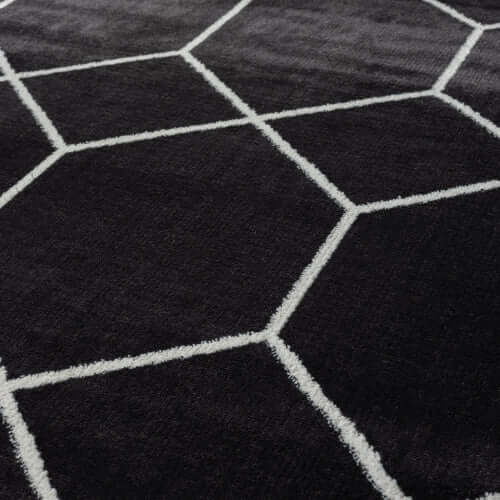 Close-up of Trellis black and white geometric woven area rug featuring bold trellis pattern and soft texture.