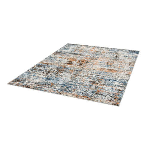 Abstract multi-color area rug with a vibrant blend of blues and browns, perfect for living rooms or hallways.