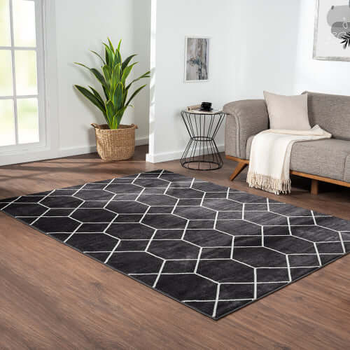 Trellis black and white geometric woven area rug (8' x 10') in modern living room setting with sleek furniture.