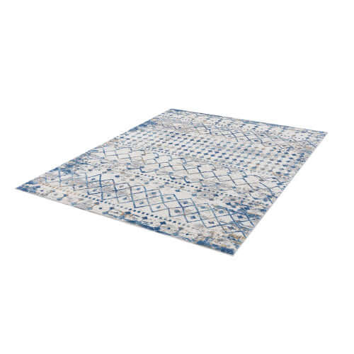 Moroccan styled blue and beige woven area rug, 6x9ft, featuring intricate patterns and stylish design for home decor.