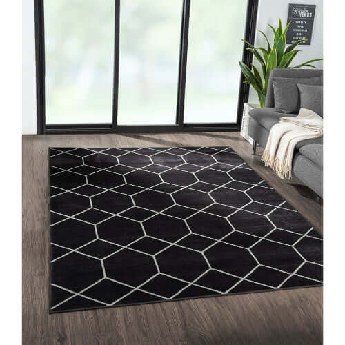 Trellis black and white geometric woven area rug (8' x 10') in modern living room setting.
