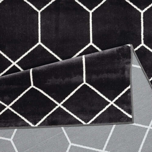Trellis Black & White Geometric Woven Area Rug showcasing bold patterns and soft texture, ideal for modern home decor.