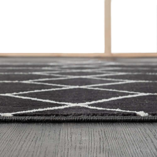 Trellis black and white geometric woven area rug on a modern floor, showcasing bold design and texture.
