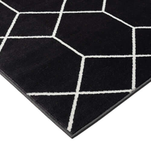 Trellis black and white geometric woven area rug close-up texture with bold pattern and modern design.