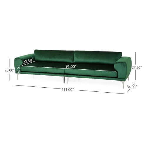 Emerald green velvet modular 2-piece sofa dimensions: 111" W, 27.5" H, 34" D, featuring plush fabric and modern design.
