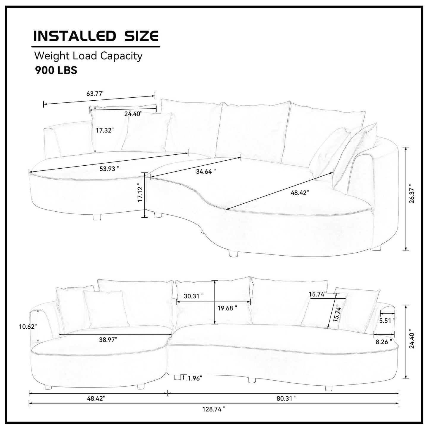Modern Curved Faux Leather Chaise Sofa Sectional 128" (3 Colors)