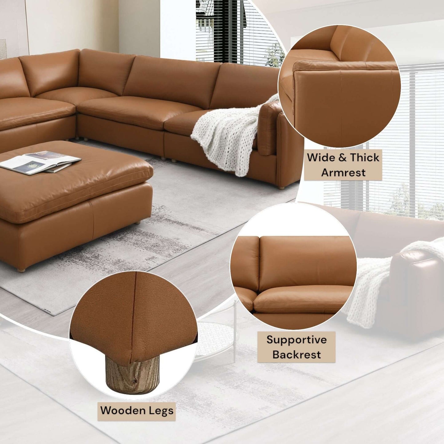 Brighton Leather 5-Piece Modular Corner Sofa Sectional showcasing thick armrests, wooden legs, and supportive backrest.