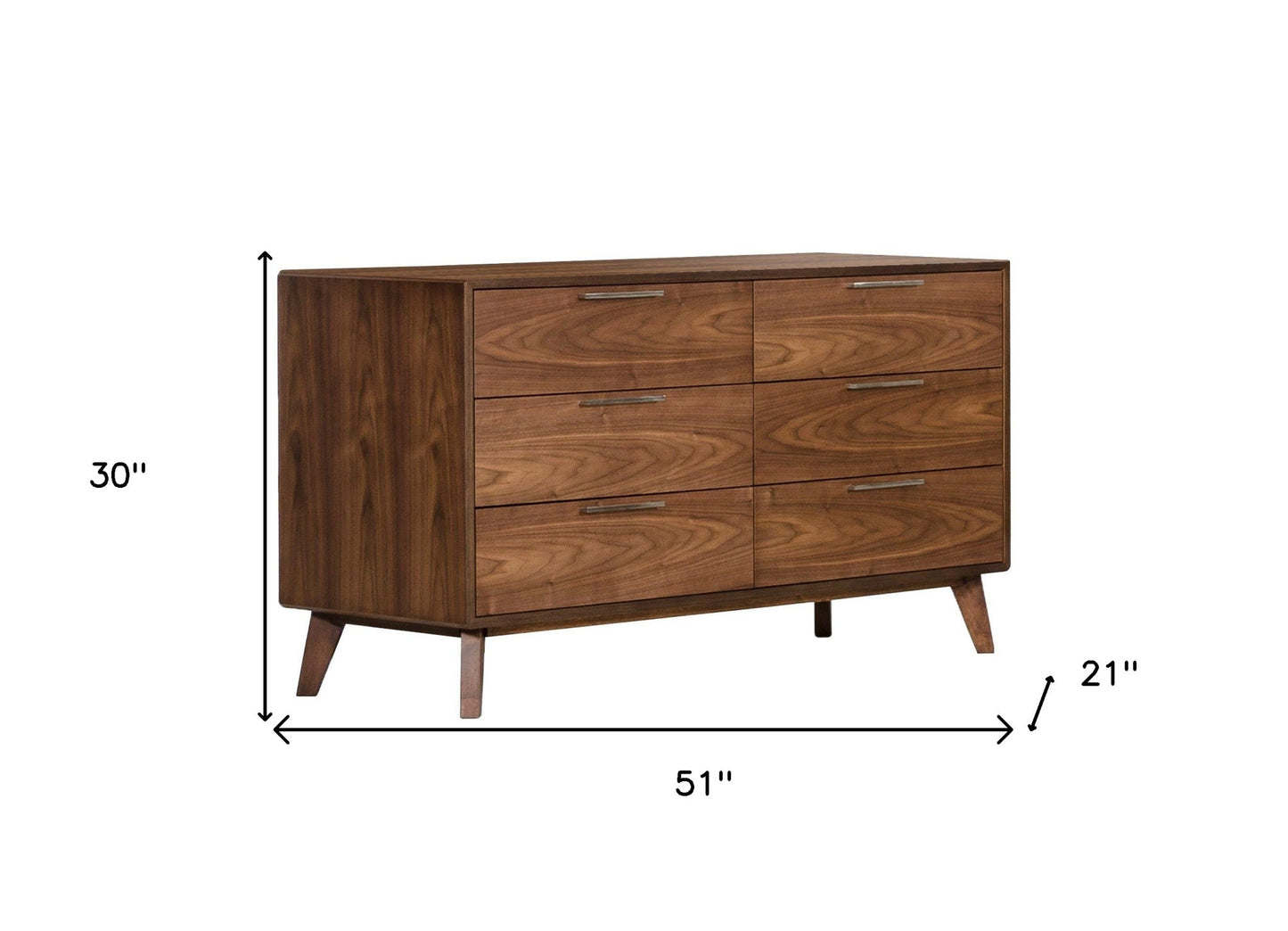 The Home Roots MCM Solid Wood Six-Drawer Double Dresser 51 features angled legs, metal handles, and a mid-century style design. It measures 30H x 51W x 21D.