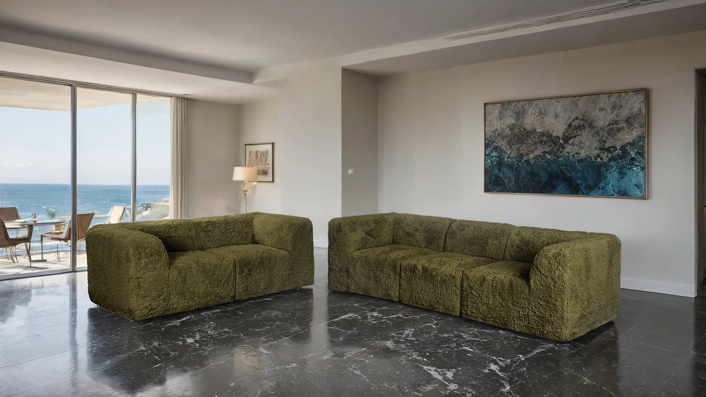 Bellamy Modular Sofa & Loveseat – Olive Green Faux Fur, 5-Piece