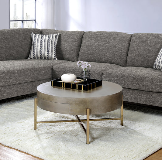 Weyton Light Brown & Champagne Drum Coffee Table – 32" Metal X-Base with Drawer