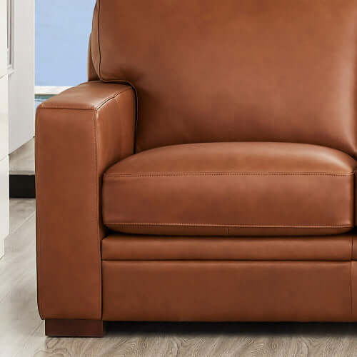 Dillon MCM Leather L-Shaped Corner Sofa Sectional close-up, showcasing soft brown leather upholstery and modern design.