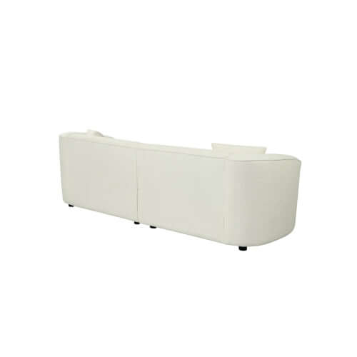 Contemporary sloped arm boucle upholstered sofa in white, showcasing bold curves and a modern design from the back view.