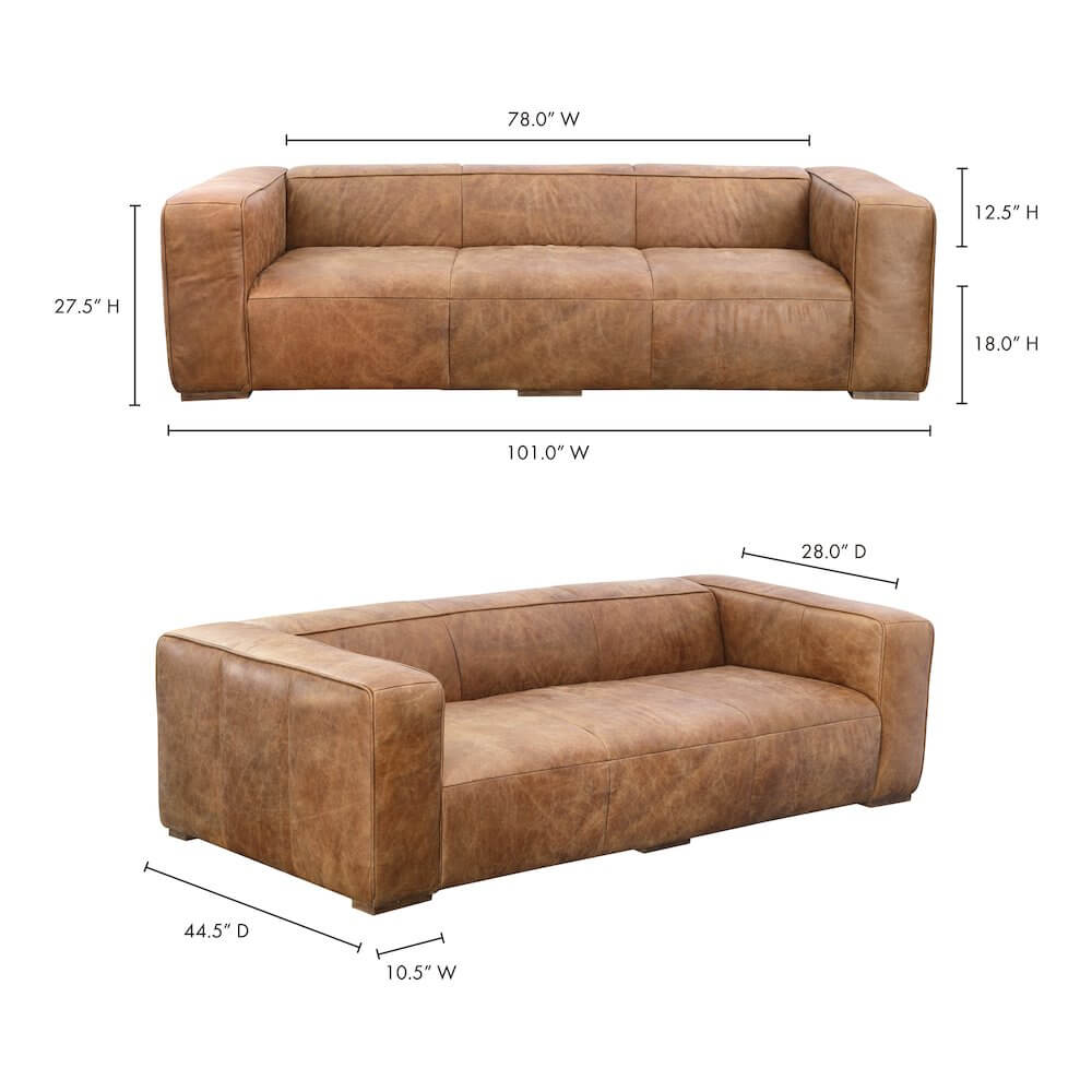 Bolton Top Grain Leather Square Arm Sofa 101" β Modern Genuine Leather Sofa dimensions image with measurements.