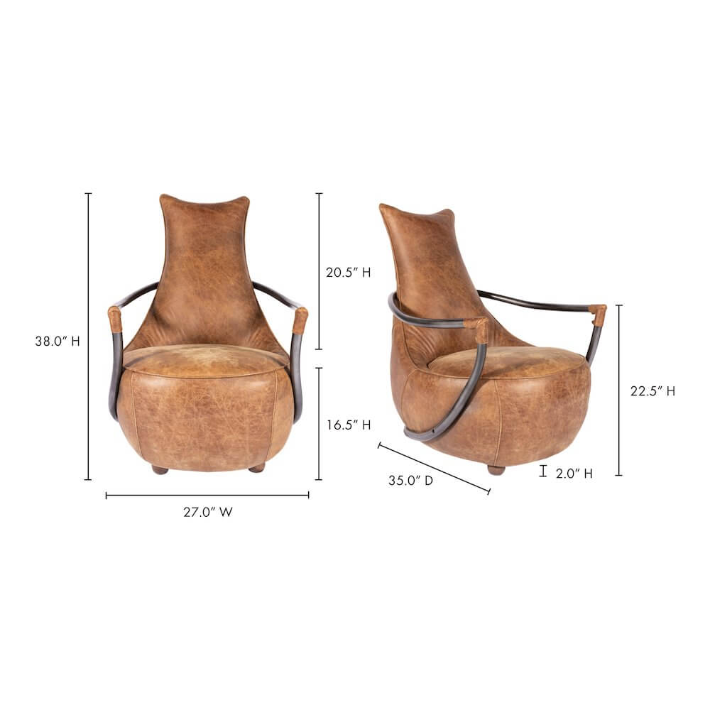Image showing dimensions of the Carlisle Genuine Leather Club Chair – Industrial Rustic Accent Armchair.