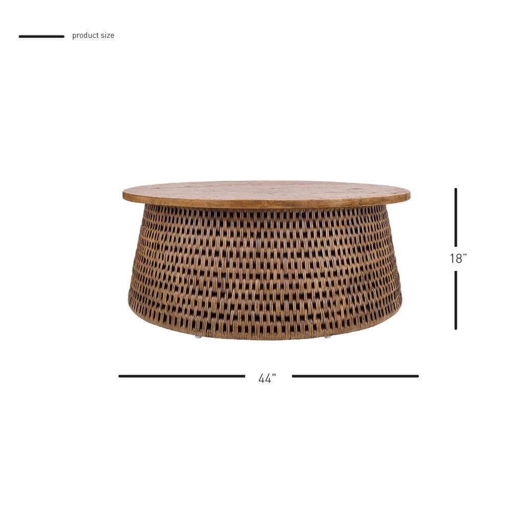 Kamari Rattan Round Coffee Table 44" β Solid Wood Top Drum Coffee Table (2 Finishes) showcasing woven rattan base and wood top.