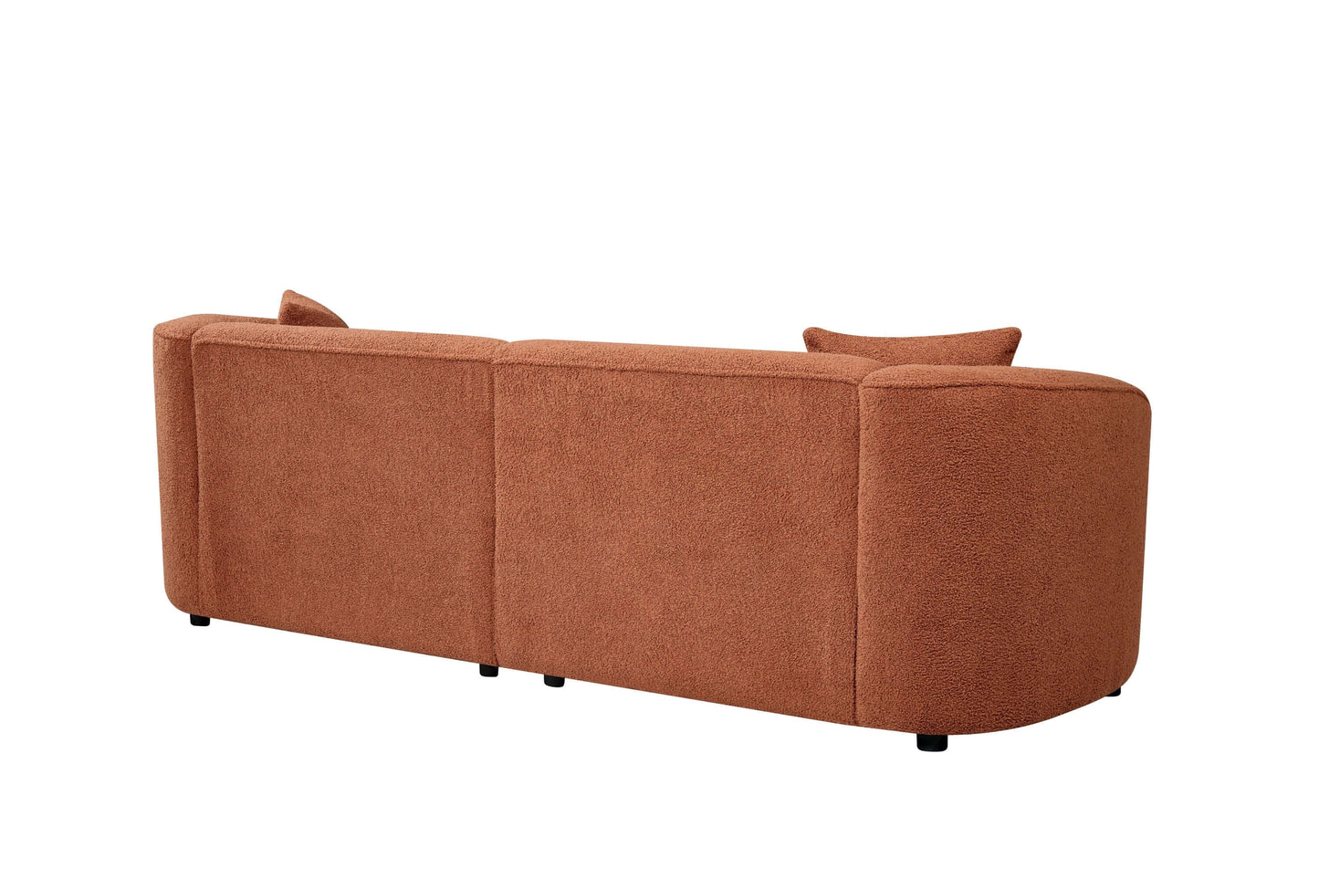 Back view of Contemporary Sloped Arm Boucle Upholstered Sofa in warm brown color, showcasing its modern design and plush texture.
