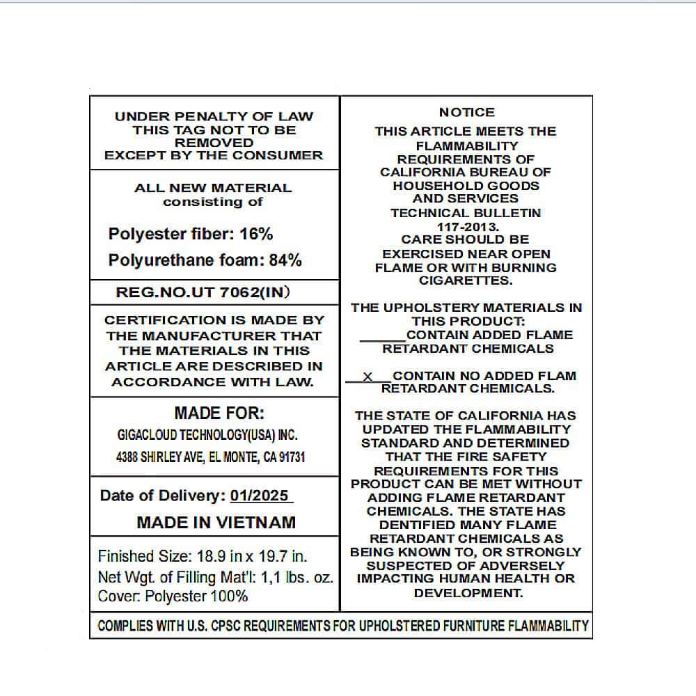 Tag detailing materials and specifications for a product made in Vietnam, including polyester fiber and polyurethane foam.