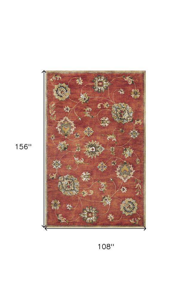 Sienna Gold And Green Wool Floral Vines Hand Tufted Area Rug | 9' x 13' displayed with dimensions 108 x 156 inches.