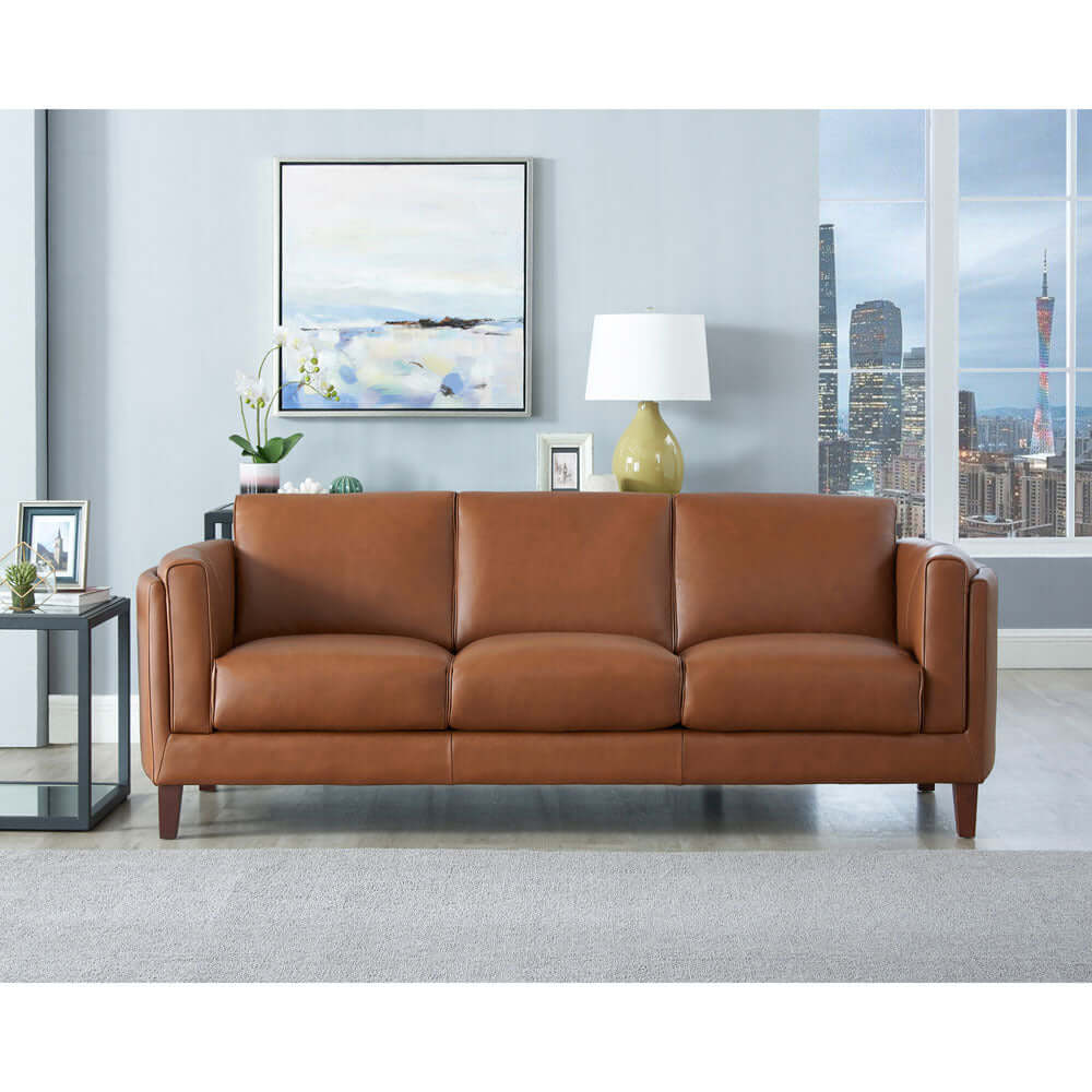 Maui MCM Top-Grain Leather Sofa 88' in brown, showcasing mid-century modern design and premium leather upholstery.