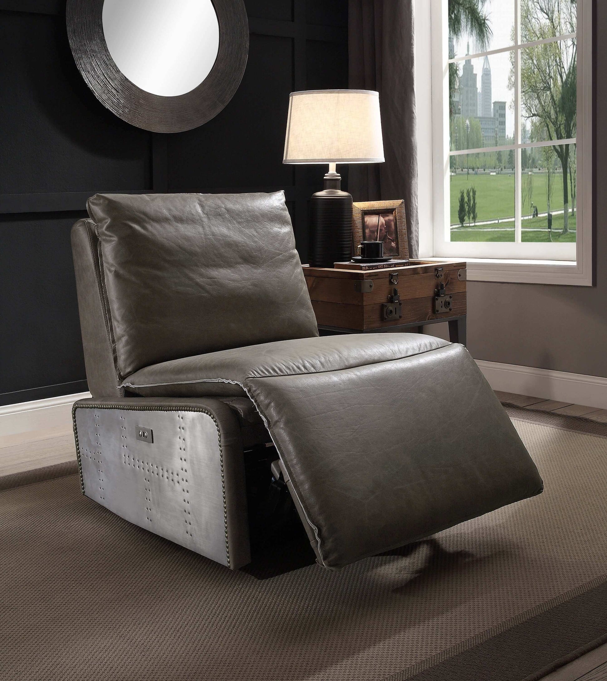 Metier Modern Industrial Power Recliner Lounge Chair, Gray Leather & Aluminum - Revel Sofa